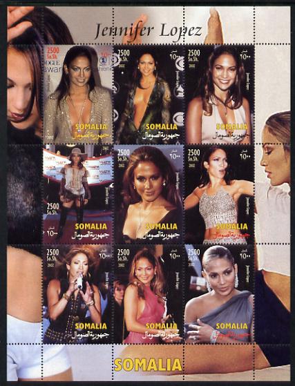 Somalia 2002 Jennifer Lopez #1 perf sheetlet containing 9 values unmounted mint. Note this item is privately produced and is offered purely on its thematic appeal , stamps on , stamps on  stamps on personalities, stamps on  stamps on music, stamps on  stamps on pin ups, stamps on  stamps on women