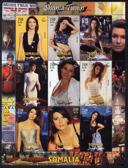 Somalia 2002 Shania Twain perf sheetlet containing 9 values unmounted mint. Note this item is privately produced and is offered purely on its thematic appeal , stamps on personalities, stamps on music, stamps on pin ups, stamps on women