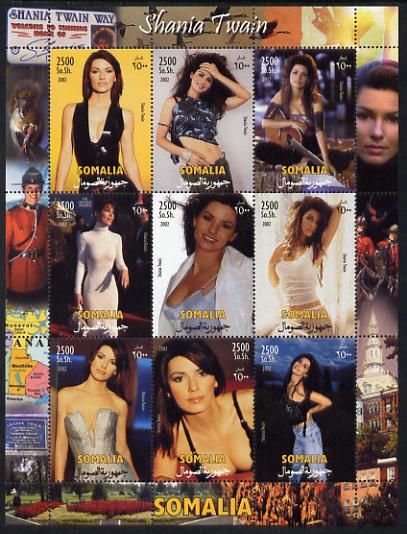 Somalia 2002 Shania Twain perf sheetlet containing 9 values unmounted mint. Note this item is privately produced and is offered purely on its thematic appeal , stamps on , stamps on  stamps on personalities, stamps on  stamps on music, stamps on  stamps on pin ups, stamps on  stamps on women