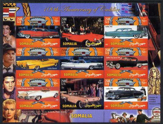 Somalia 2002 100th Anniversary of the Cadillac perf sheetlet containing 9 values unmounted mint. Note this item is privately produced and is offered purely on its themati..., stamps on personalities, stamps on music, stamps on pin ups, stamps on women, stamps on music, stamps on elvis, stamps on sinatra, stamps on marilyn, stamps on films, stamps on cinema, stamps on cars, stamps on kennedy, stamps on usa presidents, stamps on 