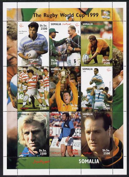 Somalia 1999 Rugby World Cup perf sheetlet containing 9 values unmounted mint. Note this item is privately produced and is offered purely on its thematic appeal , stamps on , stamps on  stamps on sport, stamps on  stamps on rugby