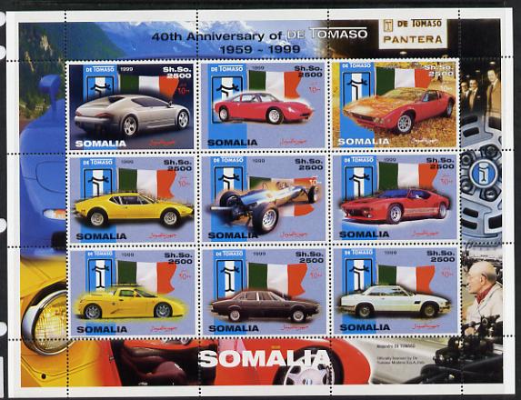 Somalia 1999 40th Anniversary of De Tomaso Cars perf sheetlet containing 9 values unmounted mint. Note this item is privately produced and is offered purely on its thematic appeal , stamps on cars, stamps on flags