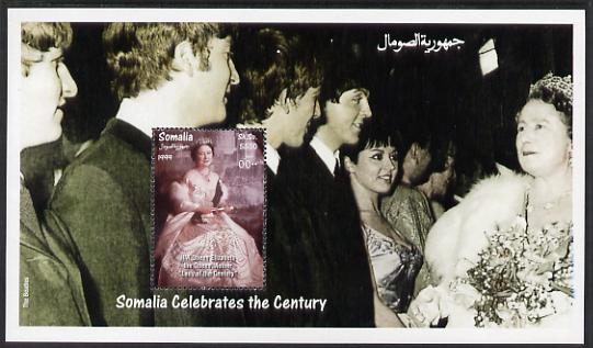 Somalia 1999 Lady of the Century (HM Queen Mother meeting the Beatles) perf sheetlet containing 1 value unmounted mint. Note this item is privately produced and is offered purely on its thematic appeal , stamps on , stamps on  stamps on royalty, stamps on  stamps on queen mother, stamps on  stamps on beatles, stamps on  stamps on rock, stamps on  stamps on pops, stamps on  stamps on music