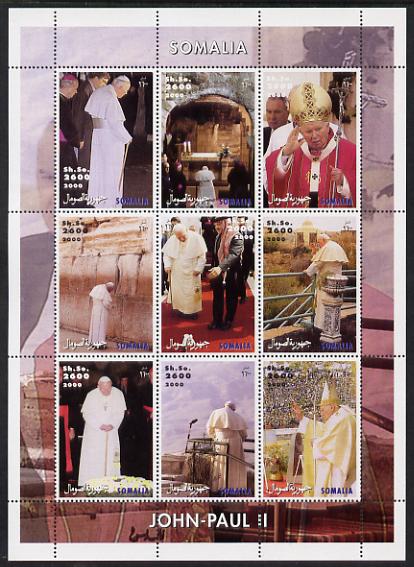 Somalia 2000 Pope John Paul II #1 (vert designs) perf sheetlet containing 9 values unmounted mint. Note this item is privately produced and is offered purely on its thematic appeal , stamps on pope, stamps on religion, stamps on personalities