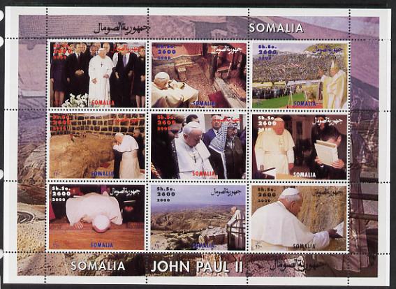 Somalia 2000 Pope John Paul II #2 (horiz designs) perf sheetlet containing 9 values unmounted mint. Note this item is privately produced and is offered purely on its thematic appeal , stamps on , stamps on  stamps on pope, stamps on  stamps on religion, stamps on  stamps on personalities