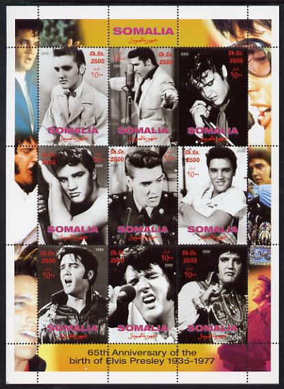 Somalia 2000 65th Birth Anniversary of Elvis Presley perf sheetlet containing 9 values unmounted mint. Note this item is privately produced and is offered purely on its thematic appeal , stamps on , stamps on  stamps on personalities, stamps on  stamps on films, stamps on  stamps on cinema, stamps on  stamps on movies, stamps on  stamps on music, stamps on  stamps on rock, stamps on  stamps on 