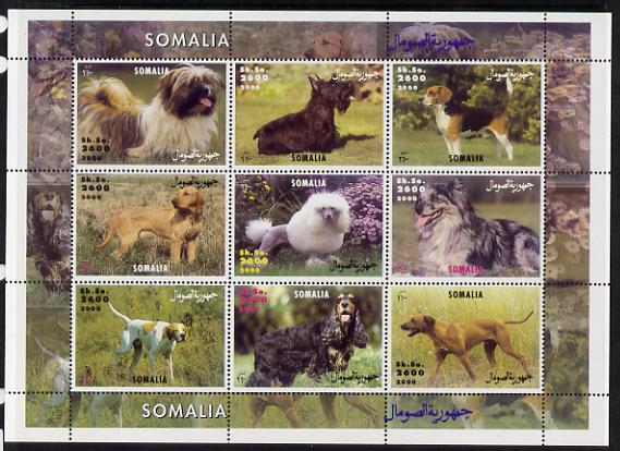 Somalia 2000 Dogs perf sheetlet containing 9 values unmounted mint. Note this item is privately produced and is offered purely on its thematic appeal , stamps on , stamps on  stamps on dogs