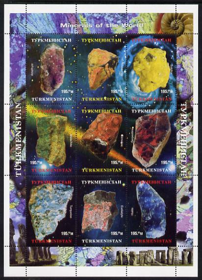 Turkmenistan 1999 Minerals perf sheetlet containing 9 values unmounted mint. Note this item is privately produced and is offered purely on its thematic appeal , stamps on , stamps on  stamps on minerals