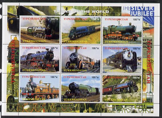 Turkmenistan 1999 Steam Locos perf sheetlet containing 9 values unmounted mint. Note this item is privately produced and is offered purely on its thematic appeal , stamps on , stamps on  stamps on railways