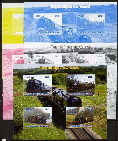 Chad 2012 Steam Locomotives sheetlet containing 4 values - the set of 5 imperf progressive proofs comprising the 4 individual colours plus all 4-colour composite, unmounted mint , stamps on , stamps on  stamps on railways