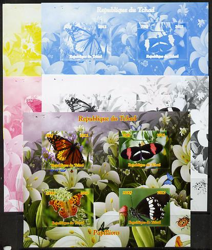 Chad 2012 Butterflies #1 sheetlet containing 4 values - the set of 5 imperf progressive proofs comprising the 4 individual colours plus all 4-colour composite, unmounted ..., stamps on butterflies