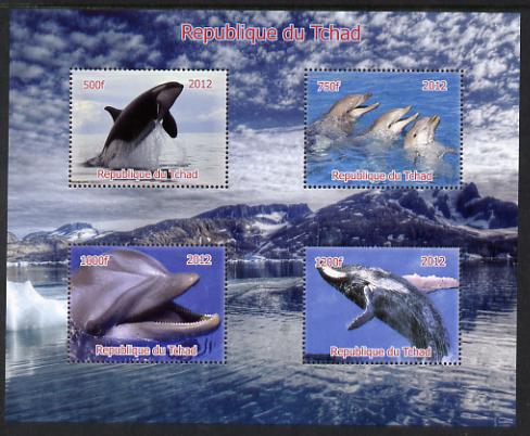 Chad 2012 Whales & Dolphins perf sheetlet containing 4 values unmounted mint. Note this item is privately produced and is offered purely on its thematic appeal. , stamps on , stamps on  stamps on whales, stamps on  stamps on dolphins, stamps on  stamps on marine life