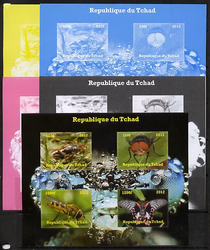 Chad 2012 Insects sheetlet containing 4 values - the set of 5 imperf progressive proofs comprising the 4 individual colours plus all 4-colour composite, unmounted mint. , stamps on insects