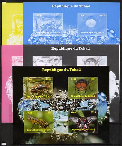 Chad 2012 Insects sheetlet containing 4 values - the set of 5 imperf progressive proofs comprising the 4 individual colours plus all 4-colour composite, unmounted mint. , stamps on insects