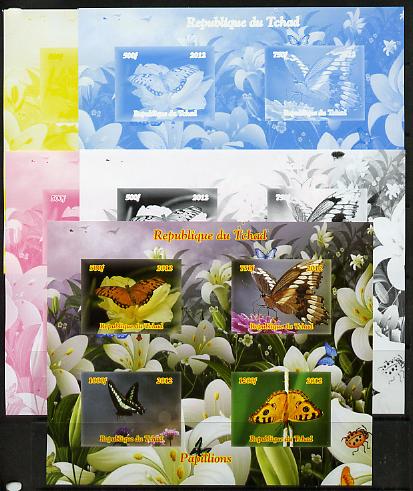Chad 2012 Butterflies #2 sheetlet containing 4 values - the set of 5 imperf progressive proofs comprising the 4 individual colours plus all 4-colour composite, unmounted mint , stamps on butterflies