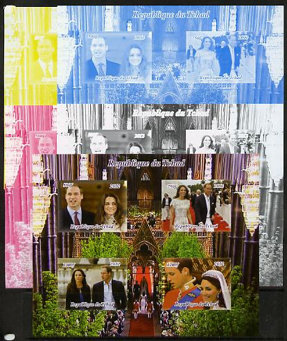 Chad 2012 Royal Wedding - William & Kate #1 sheetlet containing 4 values - the set of 5 imperf progressive proofs comprising the 4 individual colours plus all 4-colour composite, unmounted mint , stamps on , stamps on  stamps on royal wedding, stamps on  stamps on royalty, stamps on  stamps on william, stamps on  stamps on kate