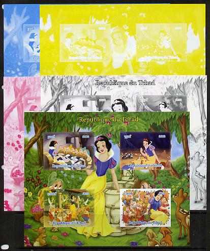 Chad 2012 Disney's Snow White & the Seven Dwarfs sheetlet containing 4 values - the set of 5 imperf progressive proofs comprising the 4 individual colours plus all 4-colour composite, unmounted mint , stamps on disney, stamps on films, stamps on movies, stamps on cinema, stamps on cartoons, stamps on fairy tales