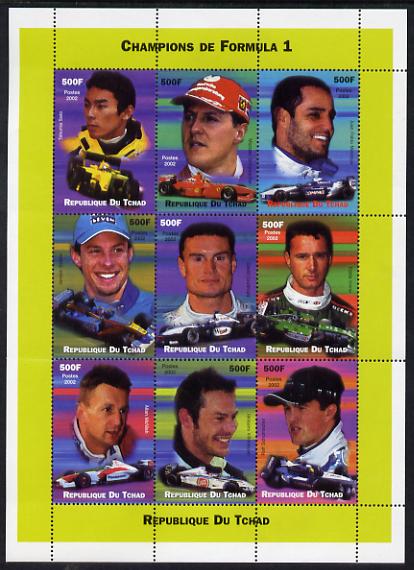 Chad 2002 Champions of Formula 1 perf sheetlet containing 9 values unmounted mint. Note this item is privately produced and is offered purely on its thematic appeal. , stamps on , stamps on  stamps on sport, stamps on  stamps on  f1 , stamps on  stamps on formula 1, stamps on  stamps on cars