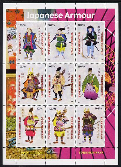 Turkmenistan 1999 Japanese Armour perf sheetlet containing 9 values unmounted mint. Note this item is privately produced and is offered purely on its thematic appeal , stamps on militaria, stamps on coustumes, stamps on uniforms, stamps on archery