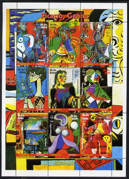 Somalia 2002 Pablo Picasso perf sheetlet containing 9 values unmounted mint. Note this item is privately produced and is offered purely on its thematic appeal 