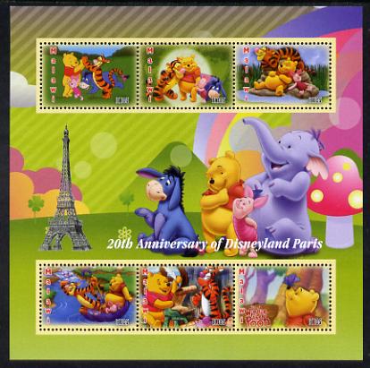 Malawi 2012 20th Anniversary of Disneyland Paris perf sheetlet containing 6 values unmounted mint. Note this item is privately produced and is offered purely on its thematic appeal, it has no postal validity, stamps on , stamps on  stamps on disney, stamps on  stamps on cartoons, stamps on  stamps on bears, stamps on  stamps on eiffel tower, stamps on  stamps on tigers