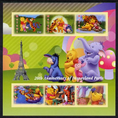 Malawi 2012 20th Anniversary of Disneyland Paris imperf sheetlet containing 6 values unmounted mint. Note this item is privately produced and is offered purely on its thematic appeal, it has no postal validity, stamps on , stamps on  stamps on disney, stamps on  stamps on cartoons, stamps on  stamps on bears, stamps on  stamps on eiffel tower, stamps on  stamps on tigers