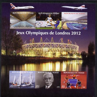 Chad 2012 London Olympic Games imperf sheetlet containing 6 values unmounted mint. Note this item is privately produced and is offered purely on its thematic appeal. , stamps on olympics, stamps on london, stamps on sailing, stamps on table tennis, stamps on stadia, stamps on football, stamps on london, stamps on aviation, stamps on concorde