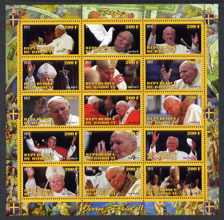 Djibouti 2012 Pope John Paul II #3 perf sheetlet containing 15 values unmounted mint, stamps on personalities, stamps on pope, stamps on popes, stamps on religion