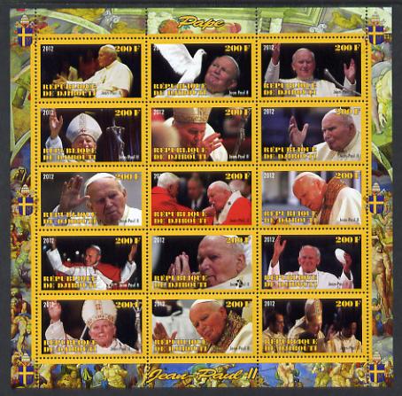 Djibouti 2012 Pope John Paul II #3 perf sheetlet containing 15 values unmounted mint, stamps on , stamps on  stamps on personalities, stamps on  stamps on pope, stamps on  stamps on popes, stamps on  stamps on religion