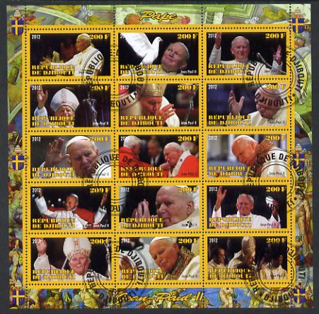 Djibouti 2012 Pope John Paul II #3 perf sheetlet containing 15 values cto used, stamps on personalities, stamps on pope, stamps on popes, stamps on religion