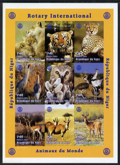 Niger Republic 1998 Animals of the World #1 imperf sheetlet containing 9 x 180f values each with Rotary logo unmounted mint. Note this item is privately produced and is offered purely on its thematic appeal as Scott #1003, stamps on animals, stamps on lions, stamps on cats, stamps on rotary, stamps on birds, stamps on owls