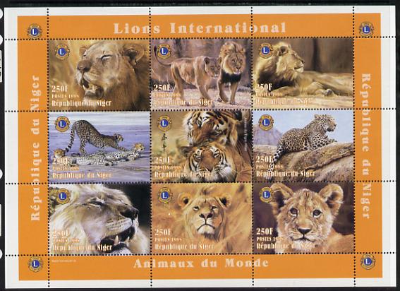 Niger Republic 1998 Animals of the World #2 (Big Cats) perf sheetlet containing 9 x 250f values each with Lions International logo unmounted mint. Note this item is privately produced and is offered purely on its thematic appeal Scott #1004, stamps on , stamps on  stamps on animals, stamps on  stamps on lions, stamps on  stamps on cats, stamps on  stamps on lions int, stamps on  stamps on 