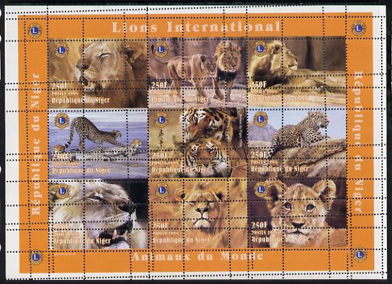 Niger Republic 1998 Animals of the World #2 (Big Cats) perf sheetlet containing 9 x 250f values each with Lions International logo with quadrupal perforations unmounted mint as Scott #1004, stamps on , stamps on  stamps on animals, stamps on  stamps on lions, stamps on  stamps on cats, stamps on  stamps on lions int, stamps on  stamps on 