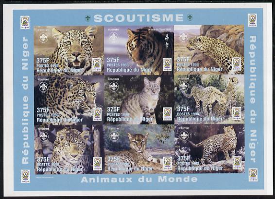 Niger Republic 1998 Animals of the World #3 (Big Cats) imperf sheetlet containing 9 x 375f values each with Scouts logo unmounted mint. Note this item is privately produc..., stamps on animals, stamps on lions, stamps on cats, stamps on scouts