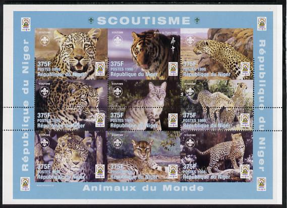 Niger Republic 1998 Animals of the World #3 (Big Cats) part imperf sheetlet containing 9 x 375f values each with Scouts logo unmounted mint as Scott #1005, stamps on animals, stamps on lions, stamps on cats, stamps on scouts