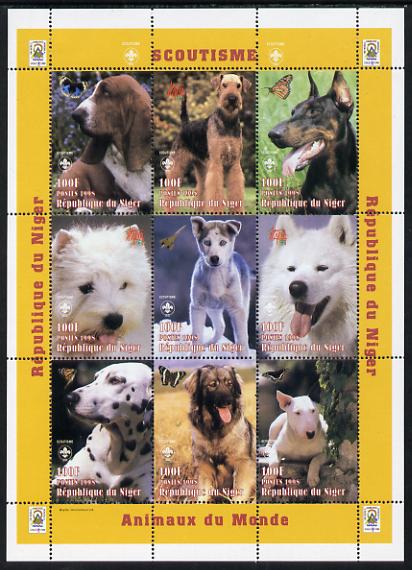 Niger Republic 1998 Animals of the World #4 (Dogs) perf sheetlet containing 9 x 100f values each with Scouts logo unmounted mint. Note this item is privately produced and is offered purely on its thematic appeal Scott #1009, stamps on , stamps on  stamps on animals, stamps on  stamps on dogs, stamps on  stamps on scouts