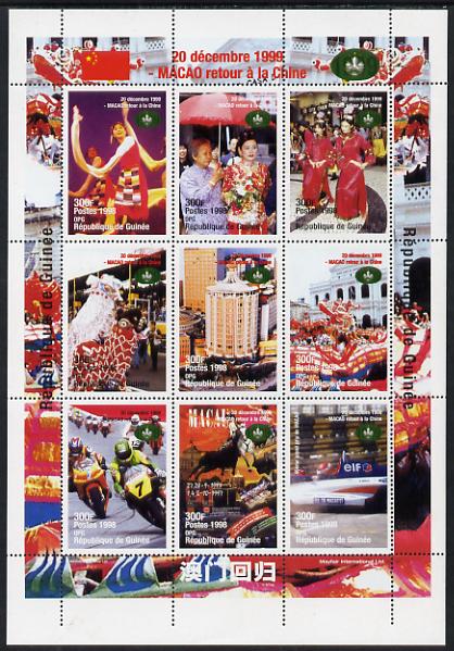 Guinea - Conakry 1998 Macao returns to China #1 perf sheetlet containing 9 values, unmounted mint. Note this item is privately produced and is offered purely on its thema..., stamps on tourism, stamps on motorbikes, stamps on  f! , stamps on motor racing, stamps on cars, stamps on formula 1, stamps on festivals, stamps on umbrellas, stamps on 