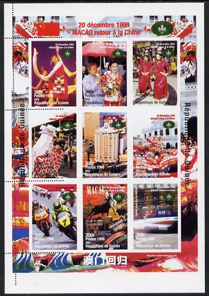 Guinea - Conakry 1998 Macao returns to China #1 partially imperf sheetlet containing 9 values, unmounted mint, stamps on tourism, stamps on motorbikes, stamps on  f! , stamps on motor racing, stamps on cars, stamps on formula 1, stamps on festivals, stamps on umbrellas, stamps on 