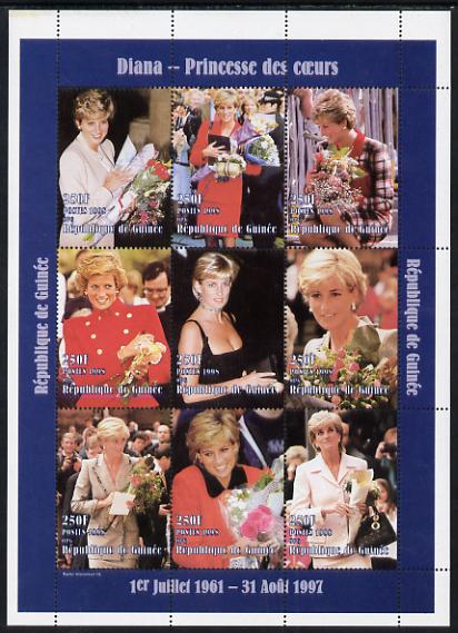 Guinea - Conakry 1998 Princess Diana #3 perf sheetlet containing 9 values (various portraits) unmounted mint. Note this item is privately produced and is offered purely o..., stamps on diana, stamps on royalty