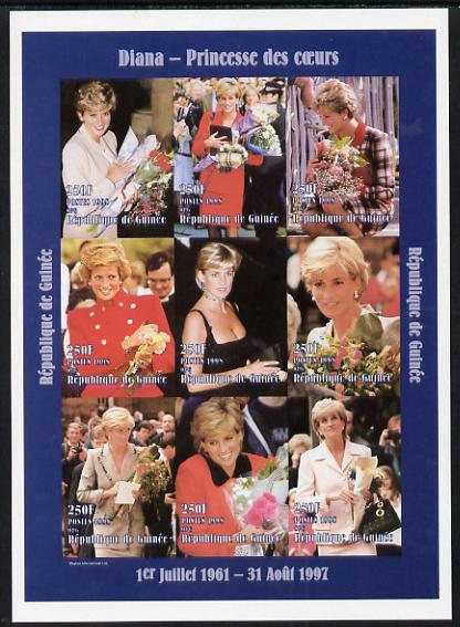 Guinea - Conakry 1998 Princess Diana #3 imperf sheetlet containing 9 values (various portraits) unmounted mint. Note this item is privately produced and is offered purely..., stamps on diana, stamps on royalty