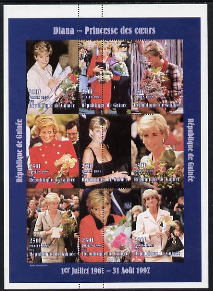 Guinea - Conakry 1998 Princess Diana #3 partially imperf sheetlet containing 9 values (various portraits) unmounted mint, stamps on , stamps on  stamps on diana, stamps on  stamps on royalty