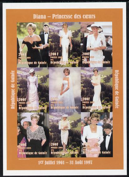 Guinea - Conakry 1998 Princess Diana #1 imperf sheetlet containing 9 values (various portraits) unmounted mint. Note this item is privately produced and is offered purely on its thematic appeal, stamps on diana, stamps on royalty