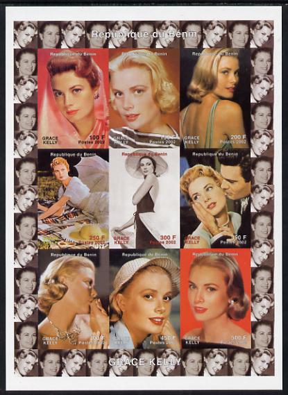 Benin 2002 Grace Kelly #1 imperf sheetlet containing 9 values unmounted mint. Note this item is privately produced and is offered purely on its thematic appeal, stamps on , stamps on  stamps on personalities, stamps on  stamps on music, stamps on  stamps on entertainments, stamps on  stamps on women, stamps on  stamps on films, stamps on  stamps on cinema, stamps on  stamps on umbrellas