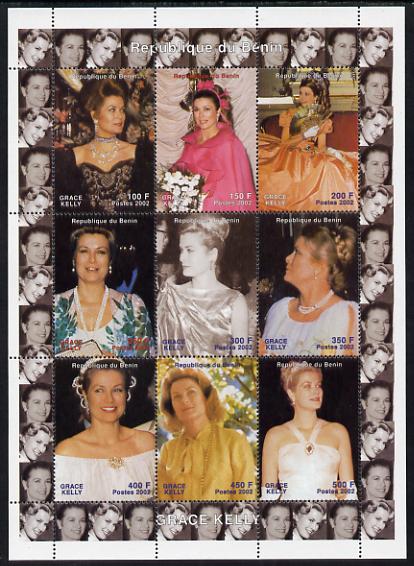 Benin 2002 Grace Kelly #2 perf sheetlet containing 9 values unmounted mint. Note this item is privately produced and is offered purely on its thematic appeal, stamps on , stamps on  stamps on personalities, stamps on  stamps on music, stamps on  stamps on entertainments, stamps on  stamps on women, stamps on  stamps on films, stamps on  stamps on cinema, stamps on  stamps on 