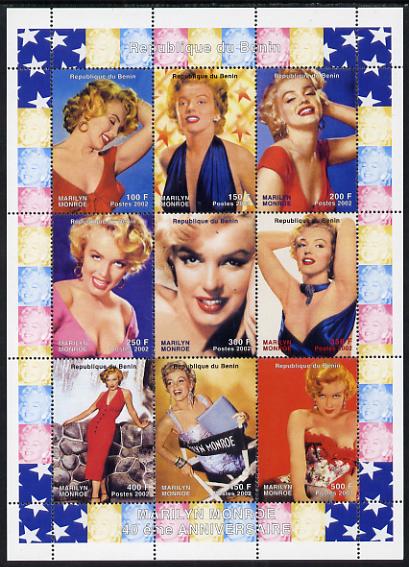 Benin 2002 Marilyn Monroe #2 perf sheetlet containing set of 9 values unmounted mint. Note this item is privately produced and is offered purely on its thematic appeal, stamps on personalities, stamps on music, stamps on entertainments, stamps on women, stamps on films, stamps on cinema, stamps on marilyn monroe, stamps on 