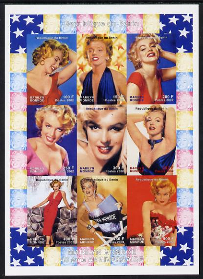 Benin 2002 Marilyn Monroe #2 imperf sheetlet containing set of 9 values unmounted mint. Note this item is privately produced and is offered purely on its thematic appeal, stamps on , stamps on  stamps on personalities, stamps on  stamps on music, stamps on  stamps on entertainments, stamps on  stamps on women, stamps on  stamps on films, stamps on  stamps on cinema, stamps on  stamps on marilyn monroe, stamps on  stamps on 