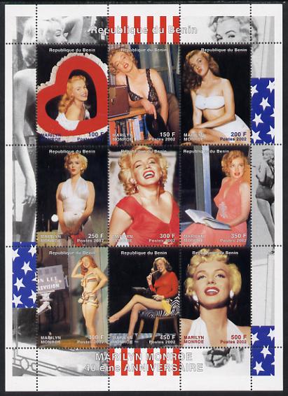 Benin 2002 Marilyn Monroe #3 perf sheetlet containing set of 9 values unmounted mint. Note this item is privately produced and is offered purely on its thematic appeal, stamps on personalities, stamps on music, stamps on entertainments, stamps on women, stamps on films, stamps on cinema, stamps on marilyn monroe, stamps on 