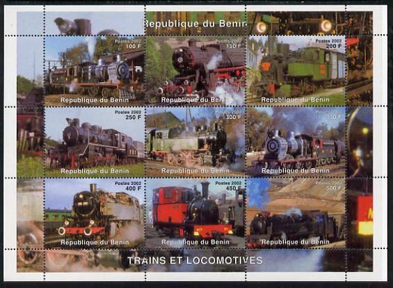 Benin 2002 Steam Locomotives perf sheetlet containing set of 9 values unmounted mint. Note this item is privately produced and is offered purely on its thematic appeal, stamps on , stamps on  stamps on railways