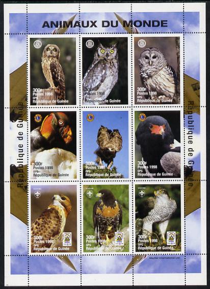 Guinea - Conakry 1998 Animals of the World #2 - Birds perf sheetlet containing 9 values (with Rotary, Lions Int & Scout Logos) unmounted mint. Note this item is privately produced and is offered purely on its thematic appeal, stamps on , stamps on  stamps on birds, stamps on  stamps on owls, stamps on  stamps on rotary, stamps on  stamps on lions int, stamps on  stamps on scouts, stamps on  stamps on birds of prey, stamps on  stamps on concorde