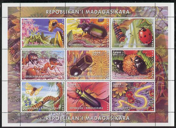 Madagascar 2000 Insects perf sheetlet containing 9 values unmounted mint. Note this item is privately produced and is offered purely on its thematic appeal, stamps on , stamps on  stamps on insects